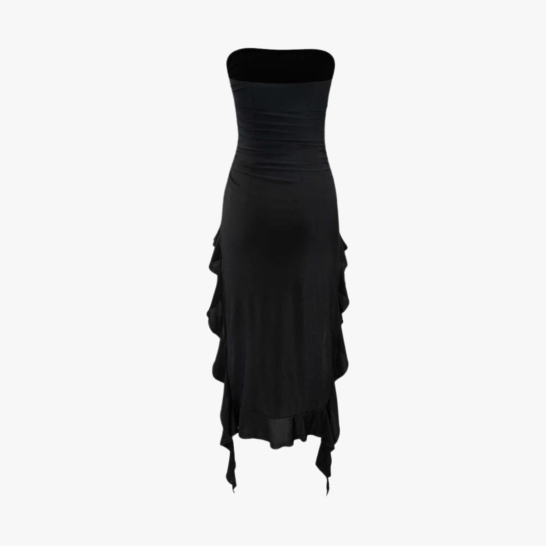 Ruffle Hem Slit Strapless Midi Dress